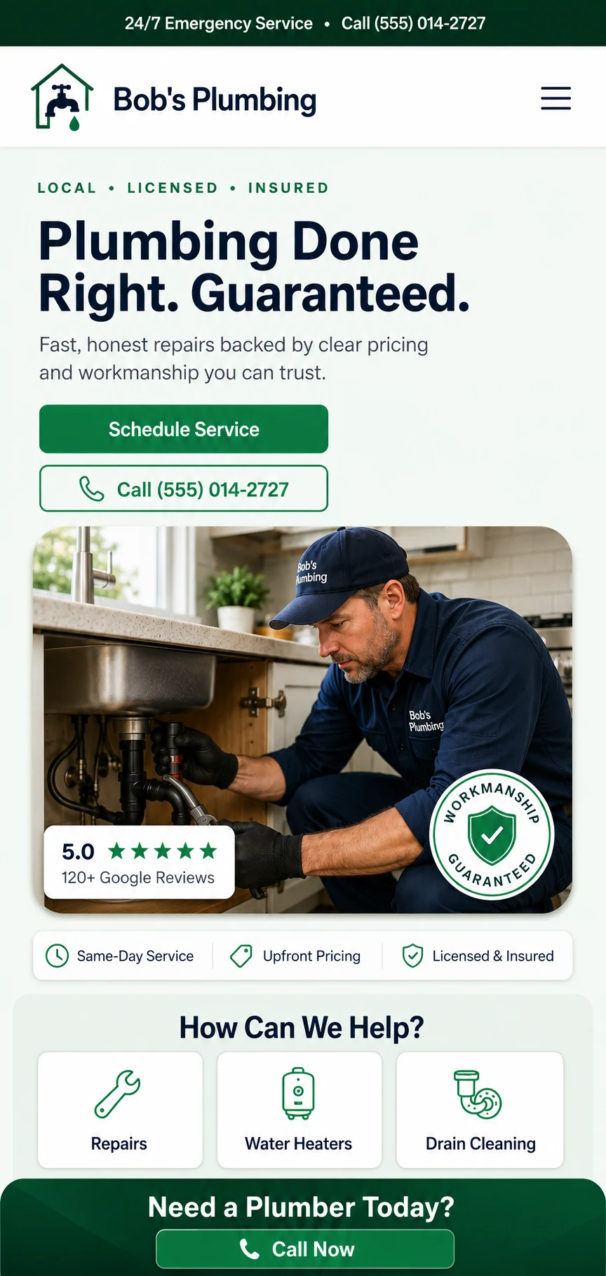 A modern, mobile first contractor business website with a clear call to action button and trust badges