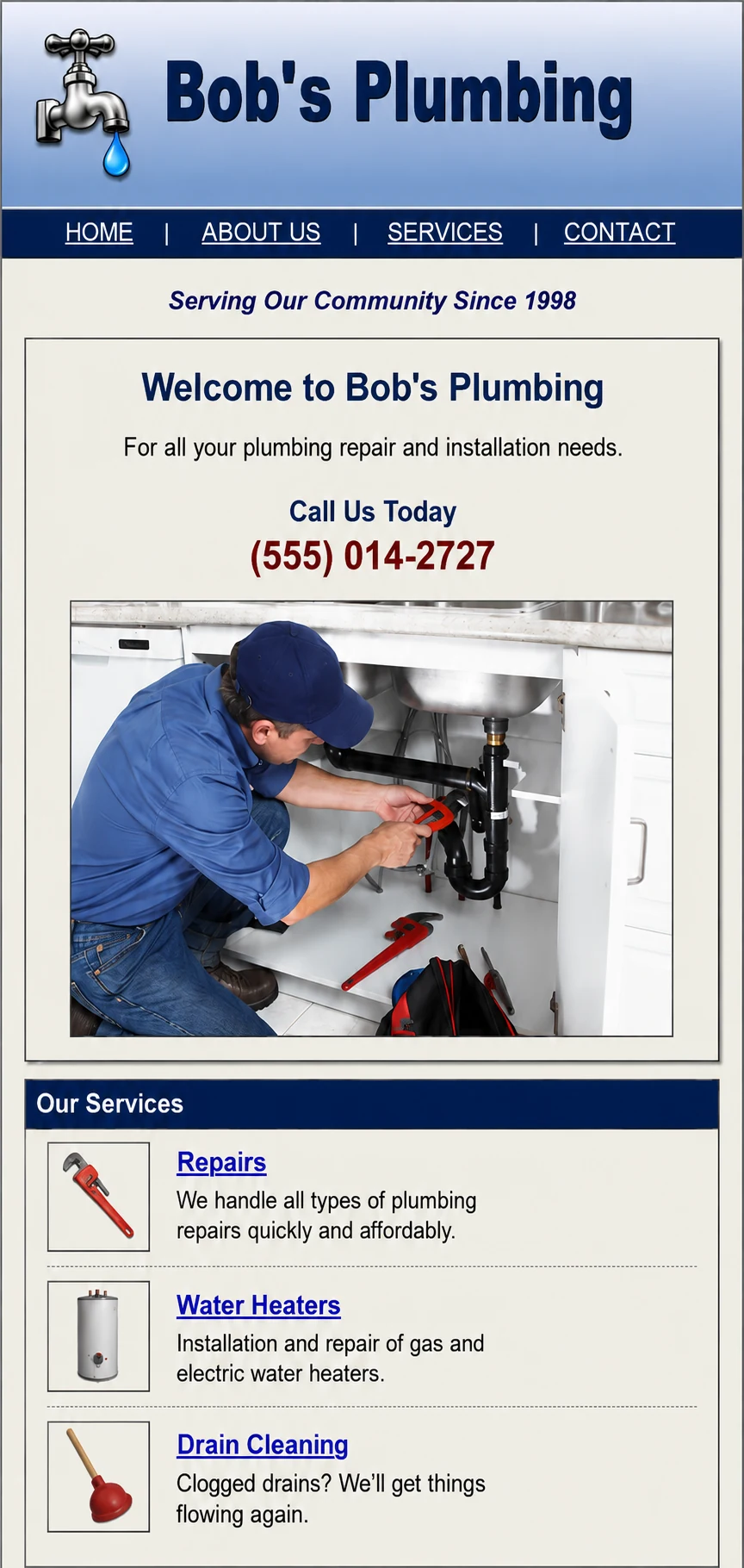 An outdated, cluttered contractor business website with clashing colors, tiny text, and a visitor counter