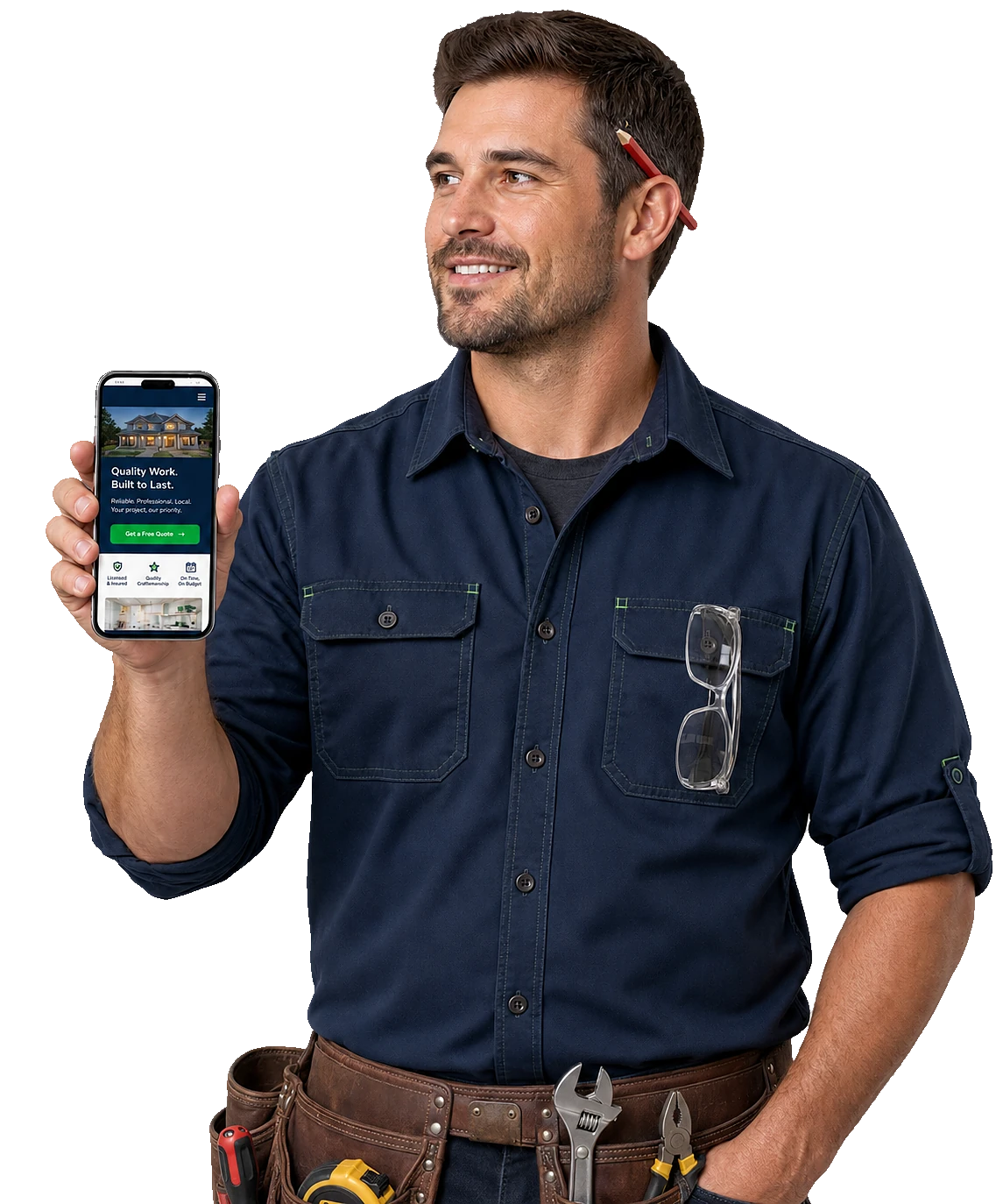 A contractor holding up a phone displaying his professional business website
